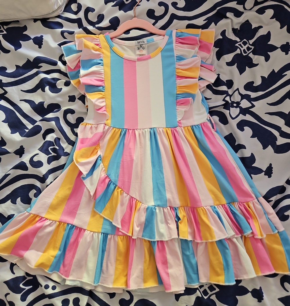 Pastel Rainbow Stripe Ruffle Dress for Girls
